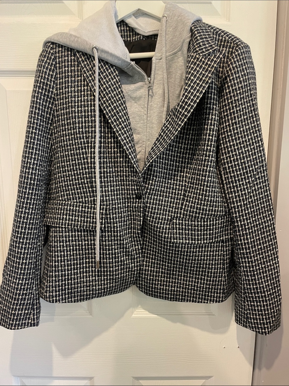 Women's Black & White Tweed Blazer with Gray Hoodie Layer